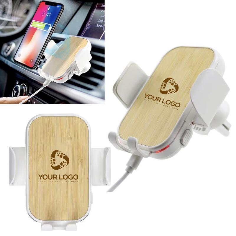 WCC-BM3-WHT Bamboo Car Phone Holder with Wireless Charger